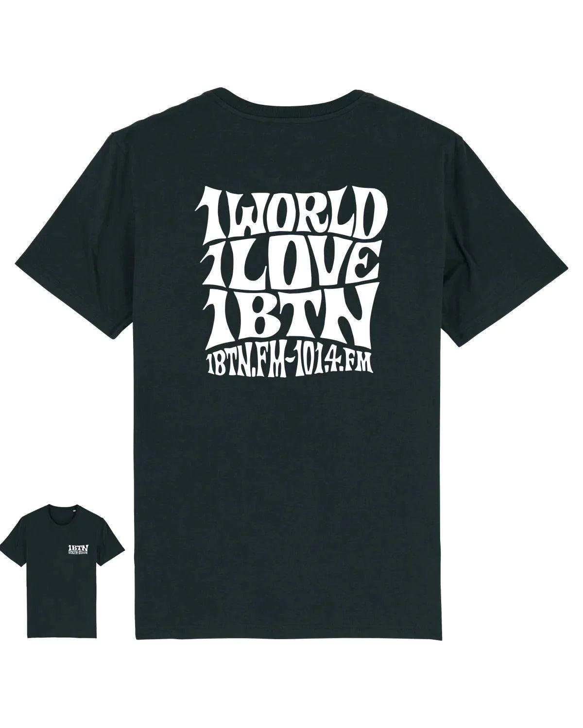 1 WORLD 1 LOVE by Swifty: 2 Sided T-Shirt Official Merchandise of 1BTN.FM (5 Colour Options) - SOUND IS COLOUR